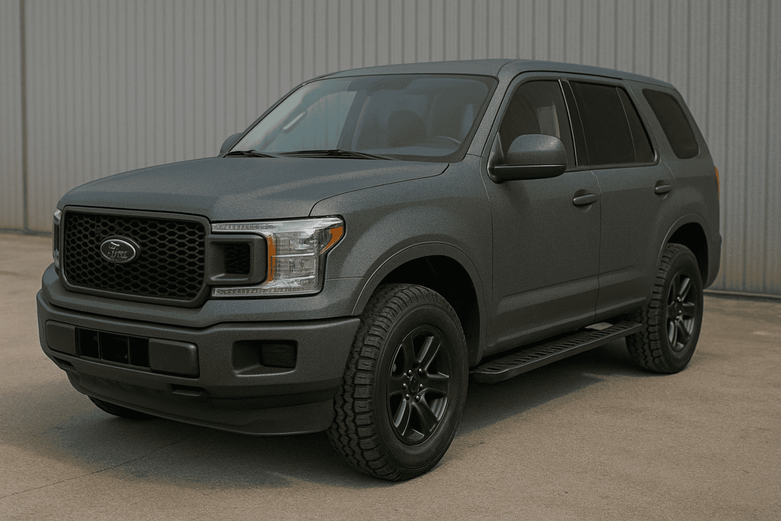 Ford SUV mit robuster, grauer Raptor-Lackierung geparkt vor einer Halle.