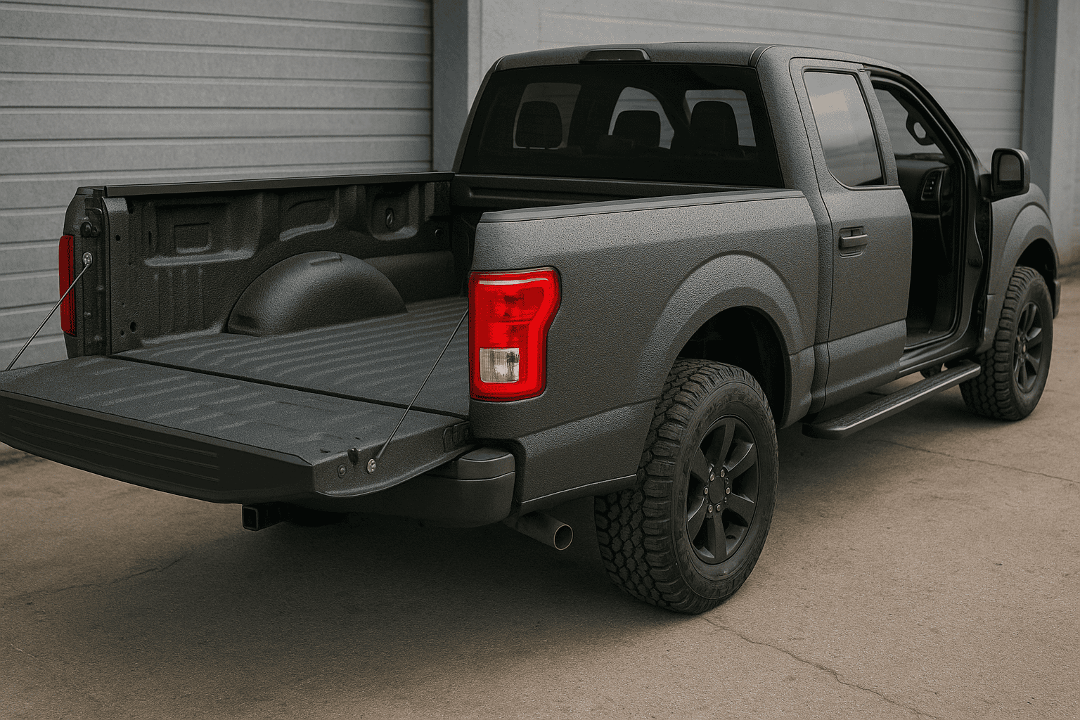„Schwarzer Pickup mit Raptor-Lackierung, offenem Ladebett und geöffneten Türen, geparkt vor einer Garage.“