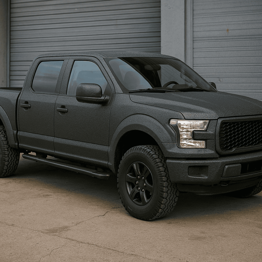 Pickup mit robuster, schwarzer Raptor-Lackierung vor einer Garage geparkt
